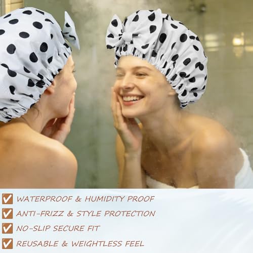TUVATU Waterproof Shower Cap for Women with Cute Bow, Reusable & Washable