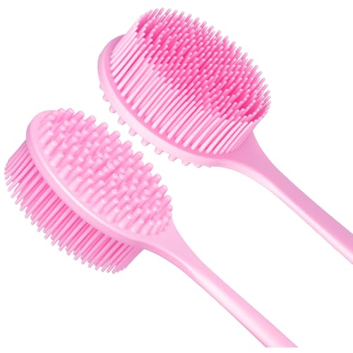 DNC Pink Silicone Back Scrubber with Long Handle - Soft Shower Body Brush