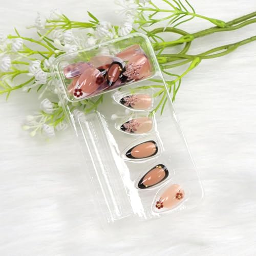 BDKAIWU 3D Flower Black Nude White Brown Short Press On Nails Fake Tips with Gold Pearl & French Design, 24 Pcs