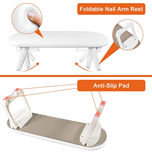 Diesisa Foldable PU Leather Nail Arm Rest – White, 2 Heights Anti-Slip Pads