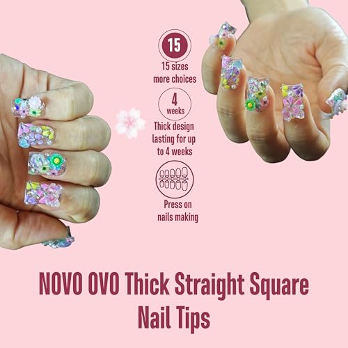 NOVO OVO Short Straight Sharp Square Thick Natural Nail Tips 15 Sizes 510 pcs