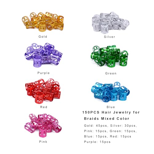 150 Pcs Aluminum Hair Jewelry for Braids & Dreadlocks - Multi Color Rings & Clips