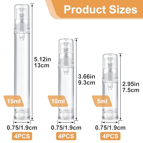12pcs Airless Travel Pump Bottles Set 5ml, 10ml & 15ml Clear Cosmetic Containers