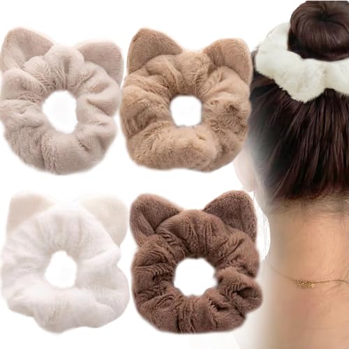 4-Pack Plush Cat Ear Hair Scrunchies for Girls & Women