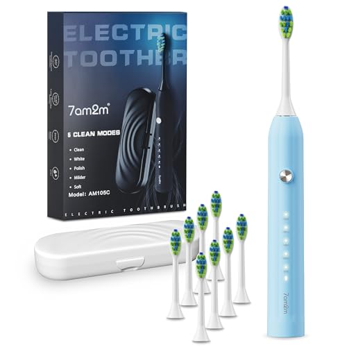 7AM2M Light Blue Sonic Electric Toothbrush with 8 Brush Heads