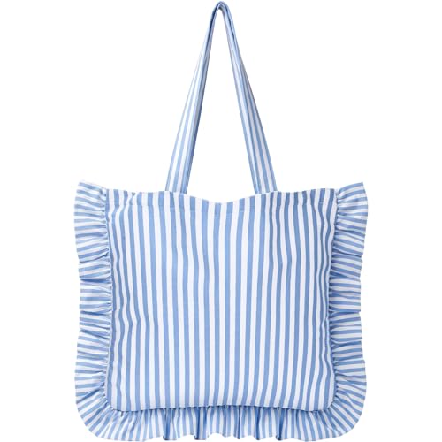 Paterr Coastal Striped Ruffle Tote Bag - Blue 15.75x15.75"