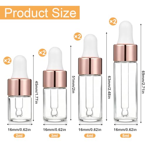 8-Pack Rose Gold Essential Oil Dropper Bottles - Mini Glass Vials (2ml, 3ml, 4ml, 5ml)