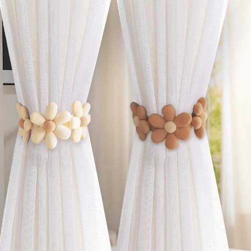 Flower Curtain Tiebacks - 2 Pack Decorative Holdbacks with Buttons
