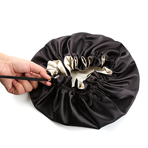 Large Satin Bonnet for Women - Adjustable Double Layer Night Cap (Black/Champagne)