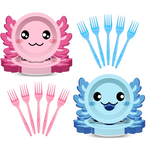 Axolotl Birthday Party Plates Set for 20 Guests – 7 Inch Dessert Plates & Forks
