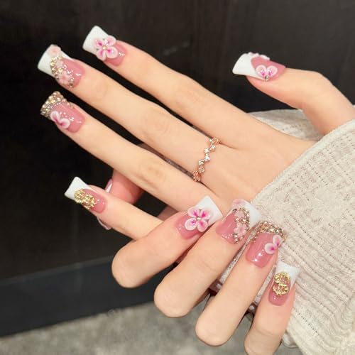 Handmade Duck Nails Style 22 - 10 Pcs Pink French Press On Nails with 3D Flower Designs
