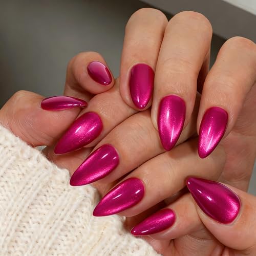 SXVME Hot Pink Cat Eye Press On Nails - 30 Pcs Medium Almond