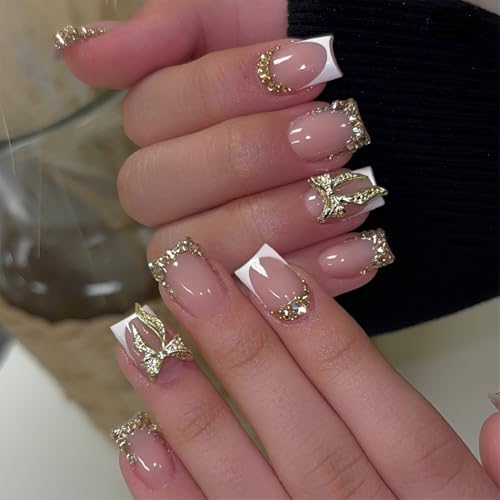24Pcs Short Square French Tip Press On Nails with Gold Bow Design