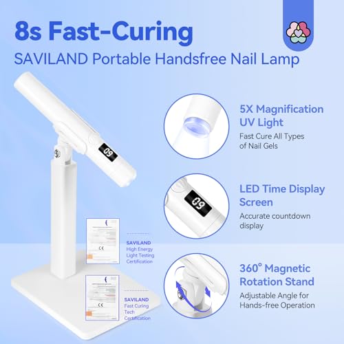 SAVILAND Shine Flash Cure UV Nail Lamp with Magnetic Stand - Fast 8S Gel Nails