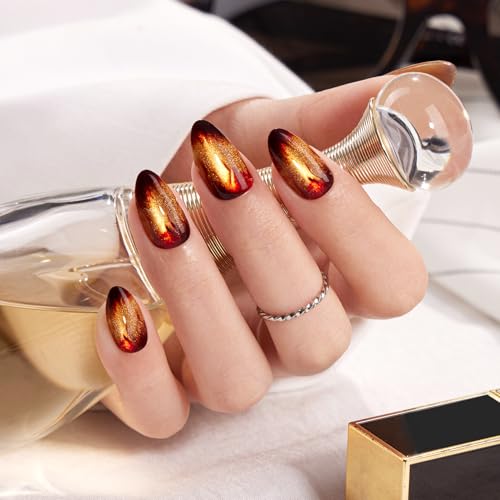 VSALON Press on Nails Short Almond - A2 Warm Fireplace, Golden Cat Eye Flame Design, 32 PCS