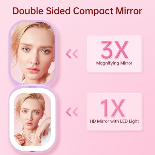 Benbilry Purple Lighted Compact Travel Mirror 1X/3X Slim Rechargeable