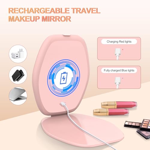COSYGLOW Portable LED Travel Makeup Mirror - 3-Color Lighted Vanity, Pink