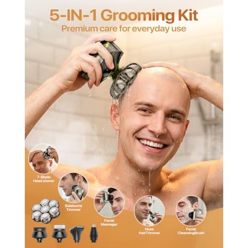 7D Head Shavers for Bald Men, Smooth Electric Razor for Head & Face, IPX7 Waterproof Wet/Dry Head Shaver, 5-in-1 Grooming Kit for Home & Travel, 120 Min, Gifts for Father's Day-Gunmetal Gold
