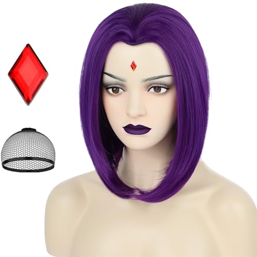 Dark Purple Bob Wig with Ruby Sticker for Women's Cosplay