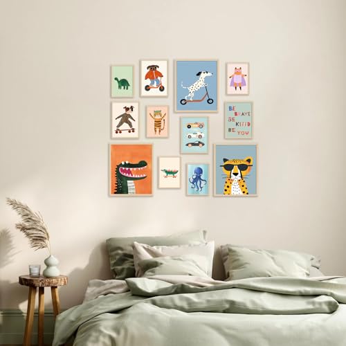 Cartoon Animal & Vehicle Canvas Wall Art - 12Pcs Nursery Decor