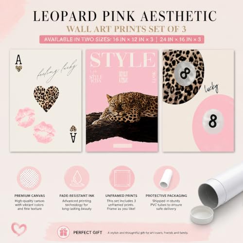 Pink Leopard Wall Art Set - Trendy Cheetah Canvas Posters 12x16 & 16x24