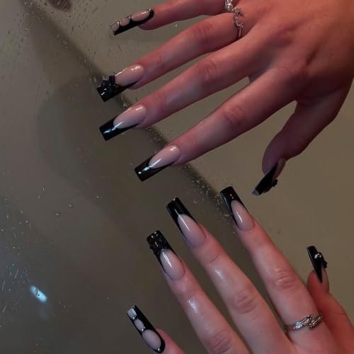 Medium Black French Tip Press on Nails with 3D Bow - Exylixor 662603MSQ