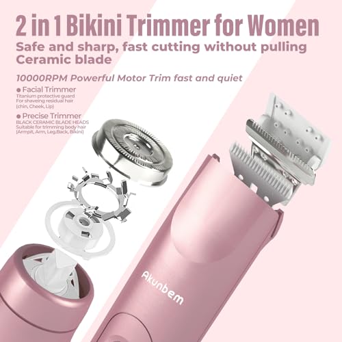 Akunbem 2 in 1 Women Electric Shaver Dual Head Bikini Trimmer for Women IPX7 Waterproof Wet & Dry Use Body Hair Trimmer and Facial Hair Remover for Bikini Underarm Leg Arm Body Face, Pink