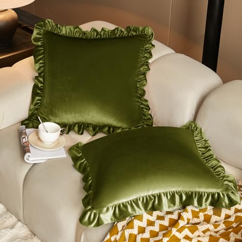 Olive Green Velvet Throw Pillow Covers, 18x18 Inch Set of 2