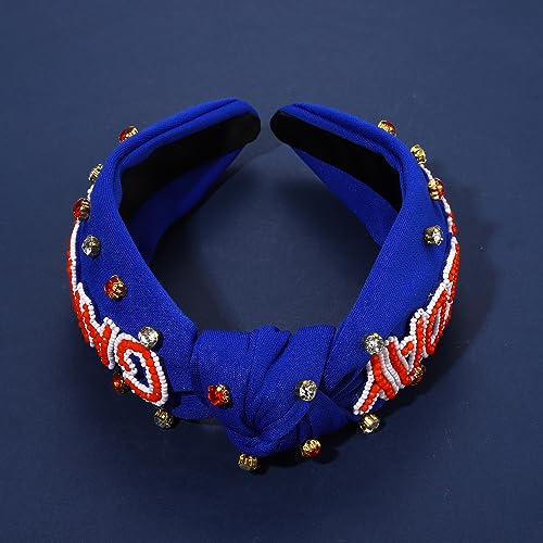 YAHPERN Blue Game Day Headband for Women - Crystal Pearl Knotted Sports Hair Accessory