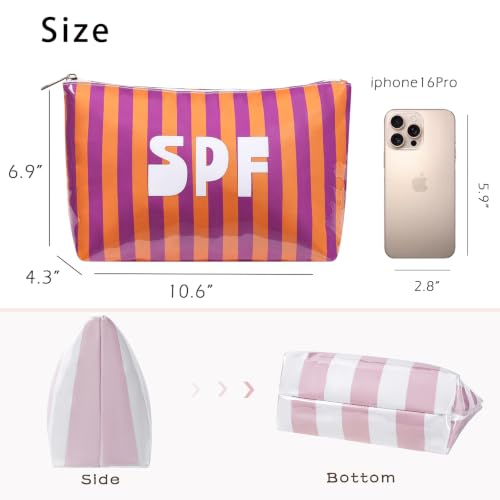 15SPF Orange Waterproof Striped PVC Makeup Bag Large Capacity Travel Organizer