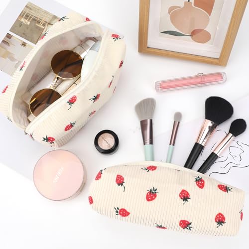 6-Piece Strawberry Makeup Bag Set - Cotton Travel Toiletry Organizer