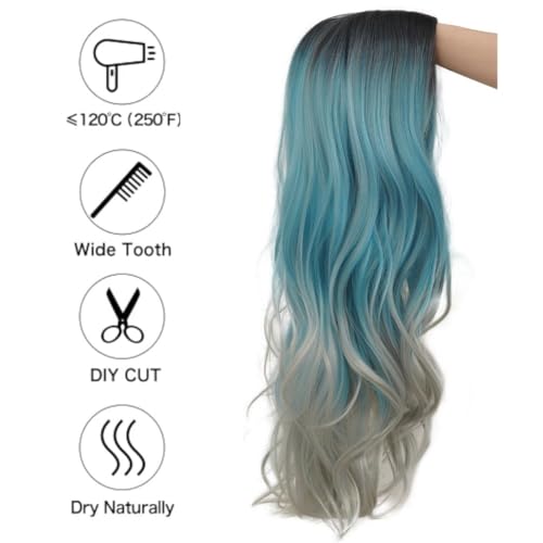 Ombre Blue Curly Wig for Women - Long Wavy Heat Resistant Hair