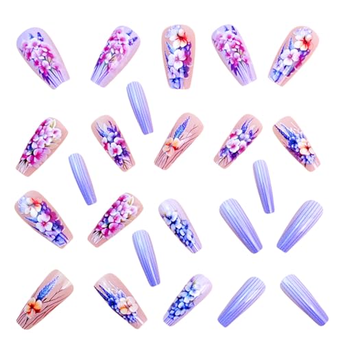 Coffin Press On Nails Medium with Flower Lines – YOJIATOP Floral Pink 24Pcs (Variation: Flower Lines Floral)