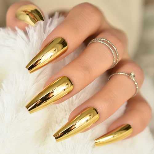 Mirror Gold Metallic Press On Nails Coffin Shape - IKISKT