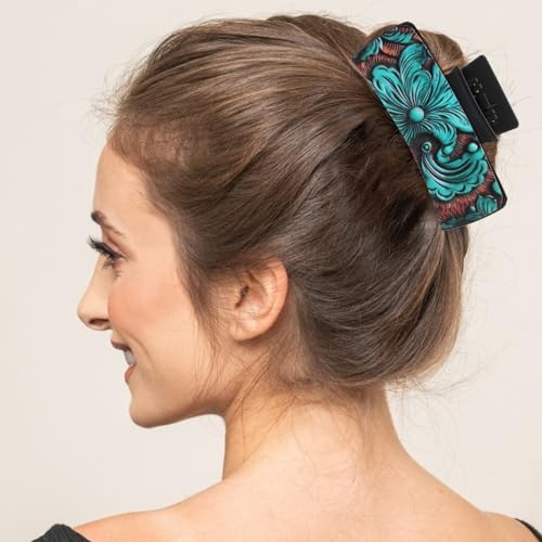 Vintage Turquoise Hair Claw Clip for Women - PU Leather, 4.13in