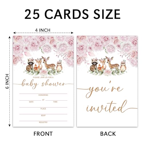 Floral Woodland Baby Shower Invitations Set - 25 Cards & Envelopes