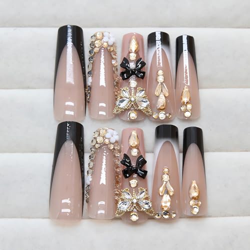 LPOODDNU Design1 Long Square French Tip Press-On Nails with 3D Butterfly & Rhinestones – Reusable Fake Nails for Women