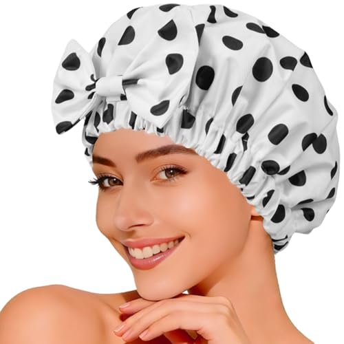 TUVATU Waterproof Shower Cap for Women with Cute Bow, Reusable & Washable