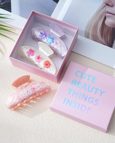WELROG Floral Print Acrylic Hair Claw Clips - 3 Pack (Pink, Off-White, Purple) | 3.78" Stylish Hair Accessories for Thick Hair