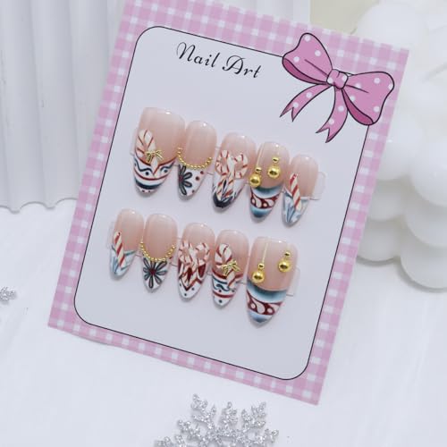 KRTBKR 24Pcs Christmas Press On Nails Medium Almond Fake Nails with 3D Candy Cane Design and Gold Beads
