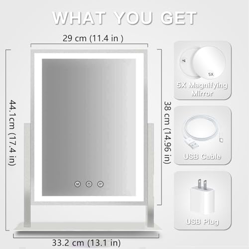 HIEEY Lighted Makeup Mirror, 17.3" x 13" Hollywood Vanity Mirror with Lights, Three Color Lighting Modes, and 5X Magnification Mirror, Smart Touch Control, 360¡ÆRotation (White,Gift Box)