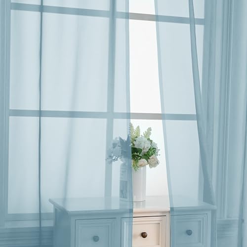Sky Blue Sheer Curtains - Light Filtering 84 Inch Panels, 2 Pack