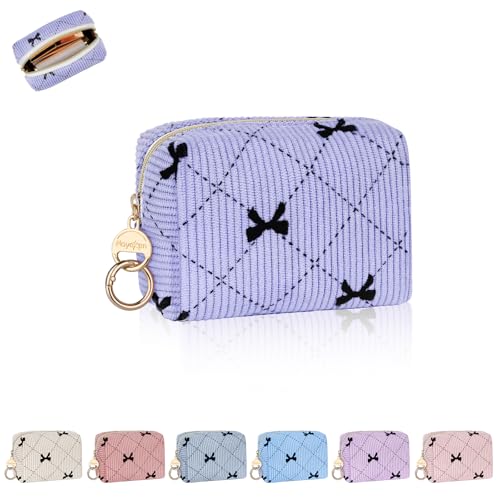 Playexen Light Pink Bow Tie Corduroy Mini Makeup Bag for Purse, Travel & Gift