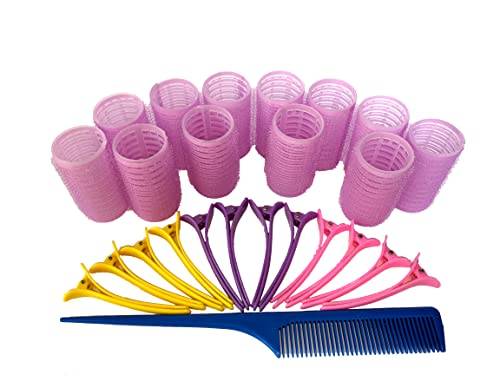 Kamay's Nylon 30mm Hair Curlers Set with 12 Duckbill Clips & Comb - No Heat, DIY Styling