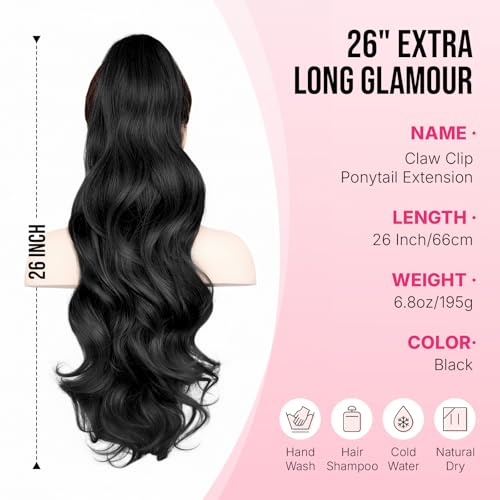 Natural Black 26" Ponytail Extension with Claw Clip - Lightweight & Easy to Wear