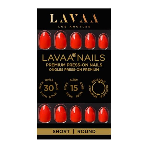 HAPPY HOUR Short Round Press-On Nails - Bright Orange-Red Glossy Finish