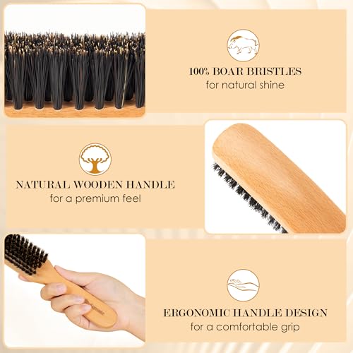 STYLEMATE Beech Wood Boar Bristle Slick Back Hair Brush for Fine & Thin Hair