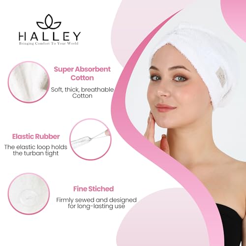 HALLEY Cotton Hair Towel Wrap - 3 Pack Super Absorbent Towels for Thick Hair (White)