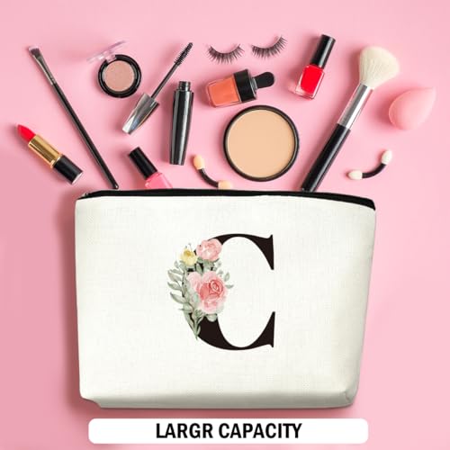 Roses C Personalized Makeup Bag with Initial Letter Monogram - Pink Linen Cosmetic Pouch