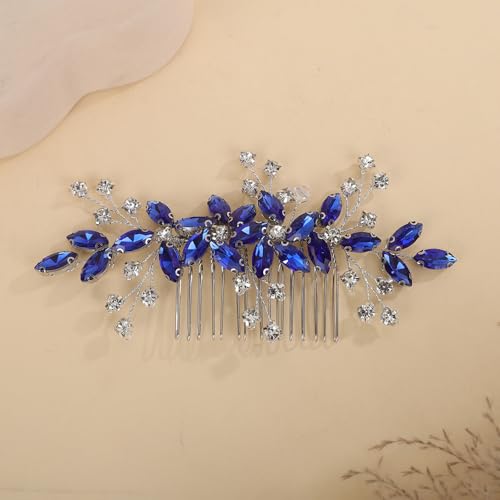 Teyglen Blue Crystal Flower Wedding Hair Comb Bridal Hair Accessory for Women